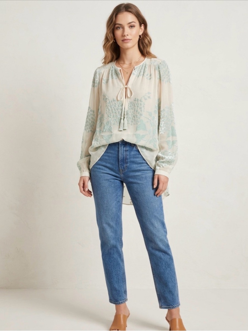 P0054.  Hale Bob and Light Cream Floral Embroidered Blouse - Mint Accents
